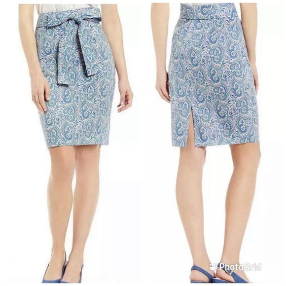 ANTONIO MELANI Blue Paisley Pencil Skirt Belted Tie‎ Waist Liberty London Size 2 - Picture 10 of 10